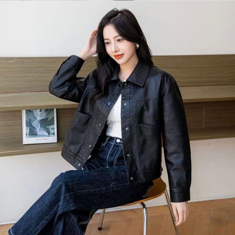 Jarní Podzimní Černá Módní Kožená Bunda pro Ženy Krátký Kabát Plus Size