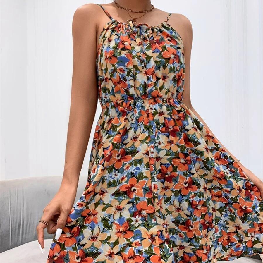 

DAFIFY женская мода лето весна цветочный узор принт без рукавов подтяжки с круглым вырезом повседневные платья M оранжевый