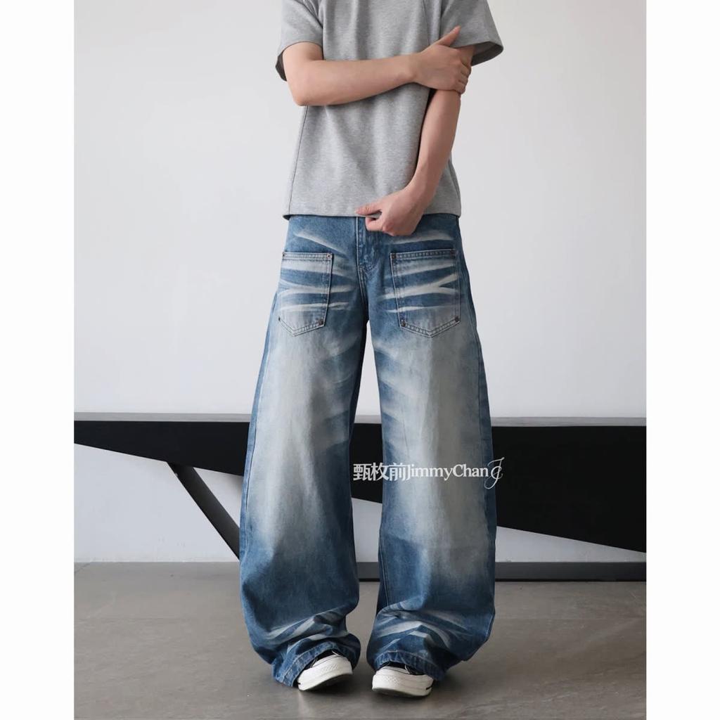 American High Street Old Textured Straight Jeans Men's Spring and Autumn Trendy Brand Retro Versatile Loose Wide-leg Trousers