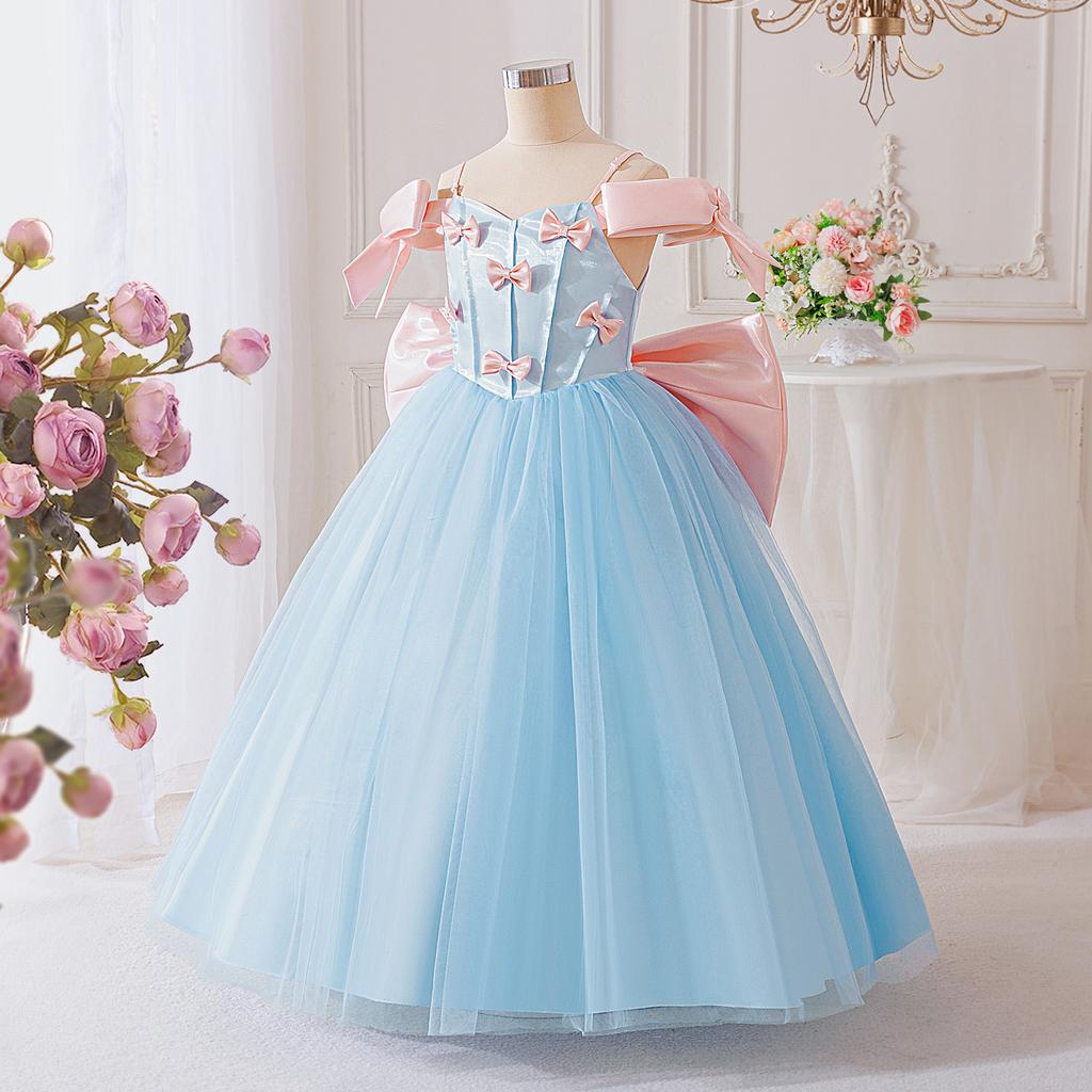 Flower Girl Princess Dress For Weddings Summer Kid Formal Bow Long Gown For School Evening Party Children New Year Cloth LP656