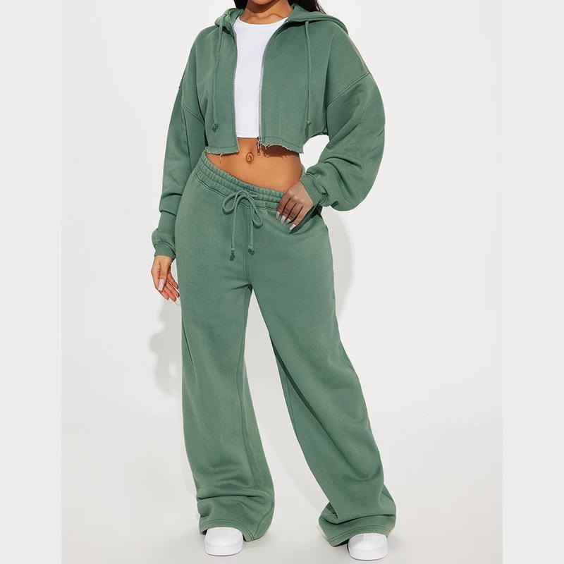 Damski Różowy Casualowy Krótki Top z Kapturem Szerokie Spodnie Dres
