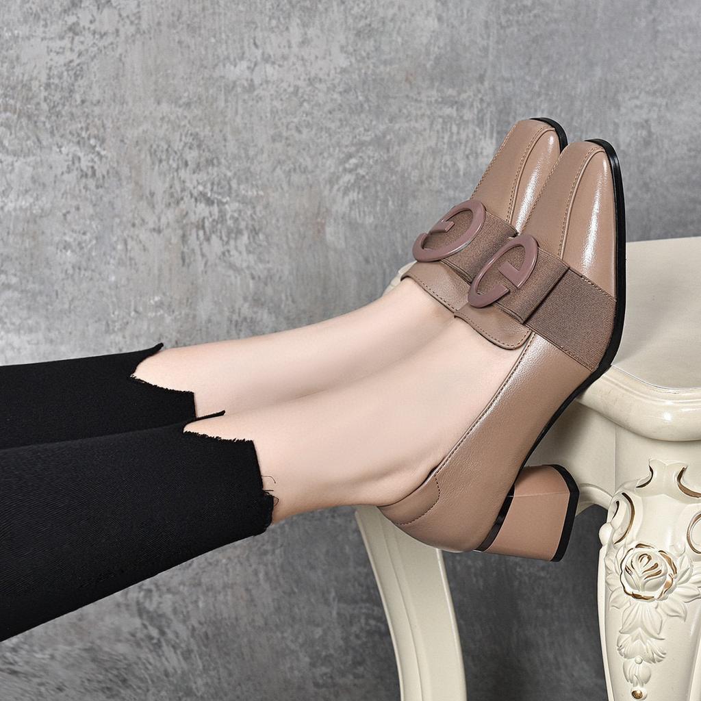 Spring New High Heels Square Head Thick Heel Middle Heel Work Shoes Square Buckle First Layer Cowhide Four Seasons Professional Single Shoes