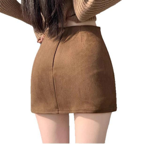 Melaleuca Suede Side Slit Bodycon Skirt - Autumn/Winter Girls' Hip-Hugging Casual Mini Skirt