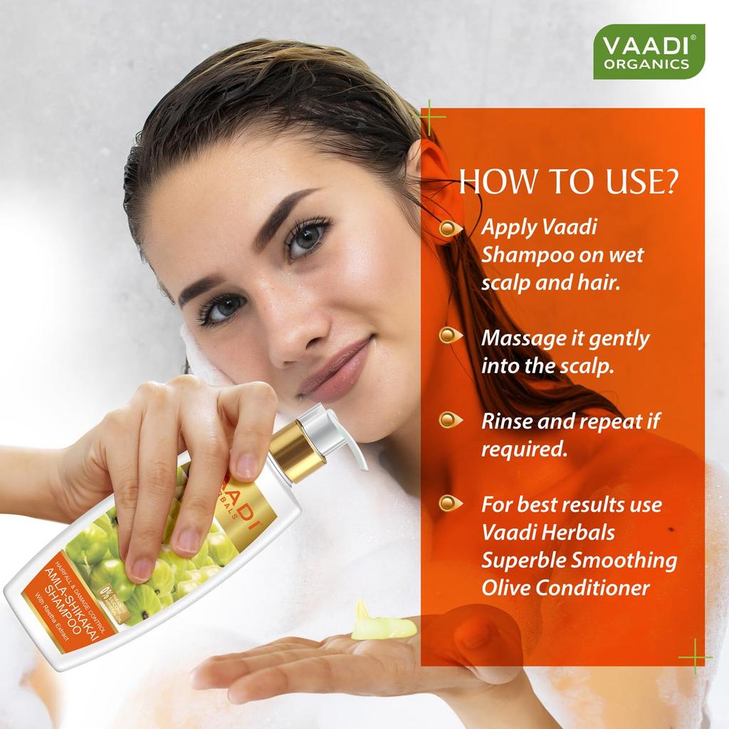 Vaadi Herbals Amla Shikakai Hairfall And Damage Control Shampoo 350 ml For Stronger Hair, Scalp Care And Smooth Manageable Hair