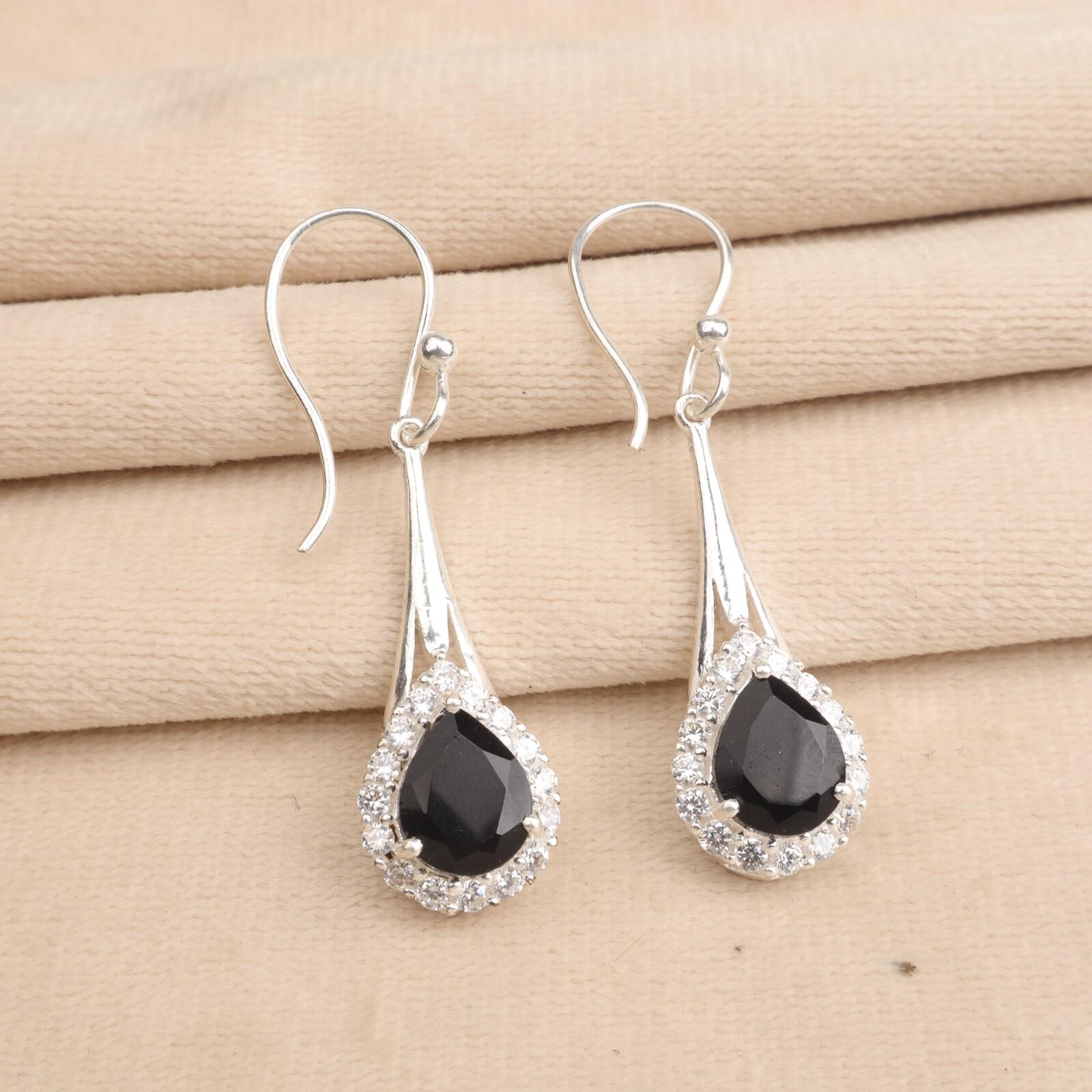 

Натуральный черный оникс драгоценный камень 925 стерлинговое серебро ювелирные изделия циркон длинные серьги 1,86 CZE-7-17