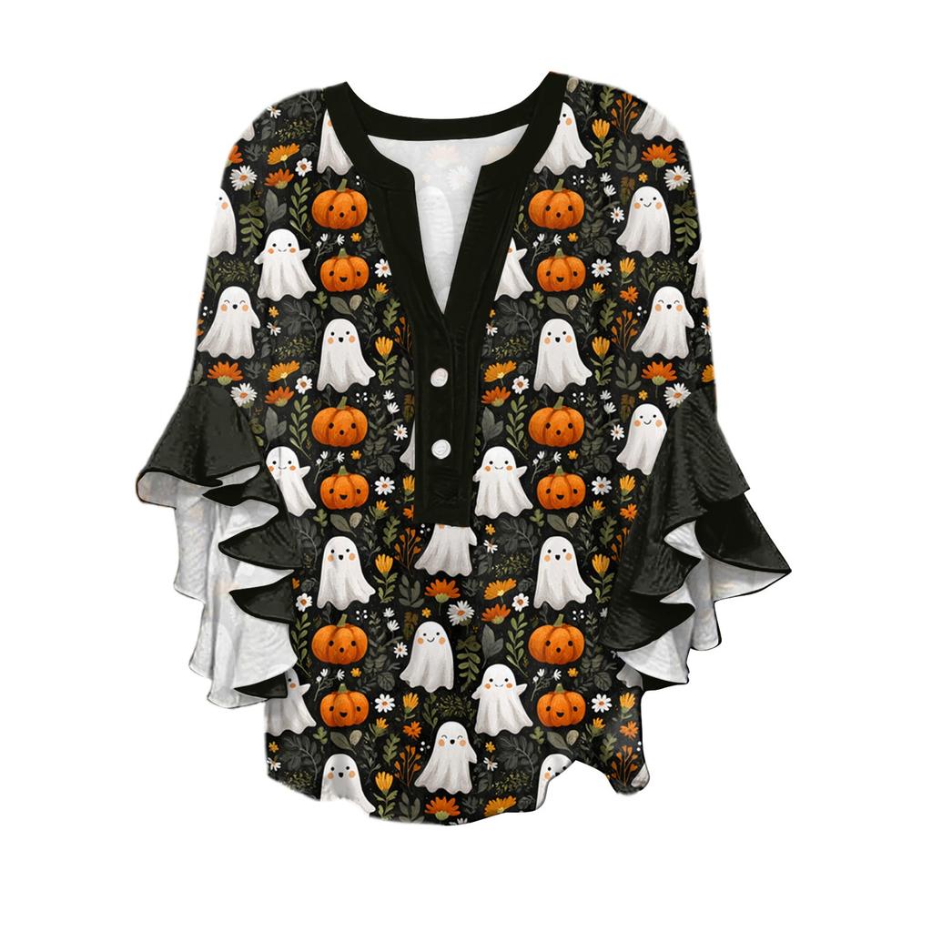 Women's V-neck Seven Quarter Sleeved Shirt Halloween Printed Top Casual Shirt