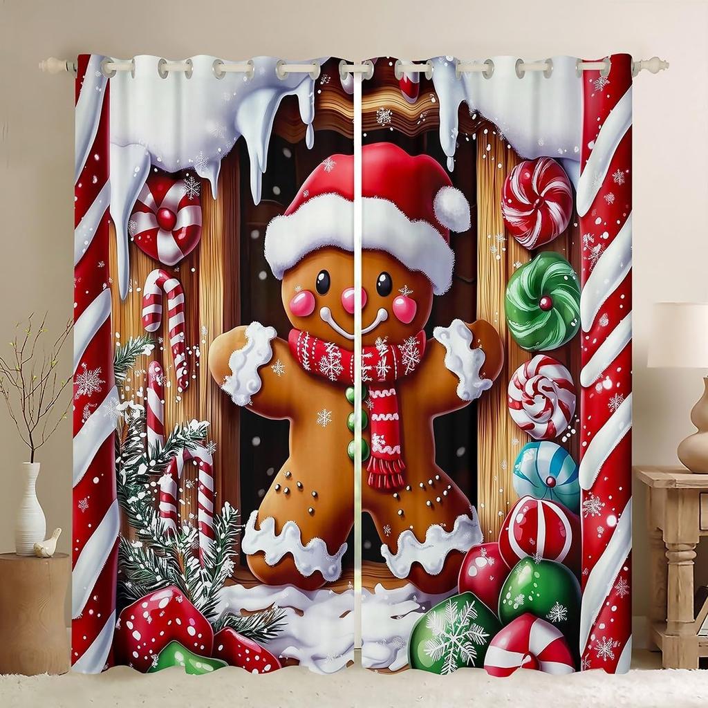 Christmas Gingerbread House Curtain Drapes Xmas Snowflake Window Curtains Kawaii Man Pattern Room Darkening Made Of Polyester