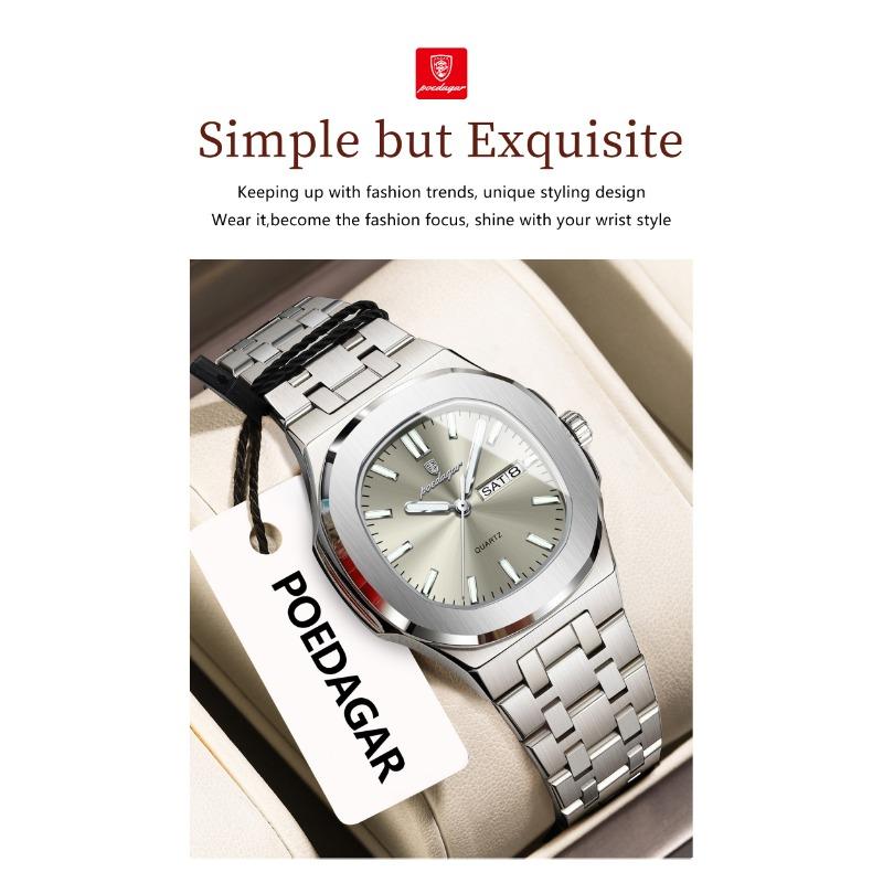 POEDAGAR Square Woman Watch Date Week Waterproof Luminous Ladies Watch Stainless Steel Quartz Fashion Watches Gift