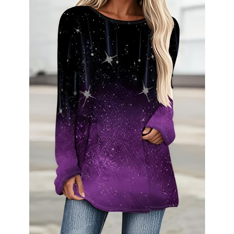 Fashionable Starry Tie Dye Gradient Print Casual Round Neck Long Sleeved T-shirt Casual Long T-shirt Top