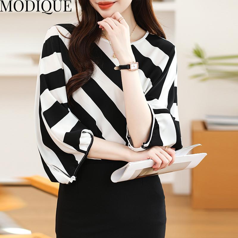 MODIQUE Printemps Été Grande Taille Femmes Casual Lâche Élégant Coton Soie Rayure Imprimé Chemisier T-Shirts Dame Mode Oversize O-cou À Manches Longues Pull
