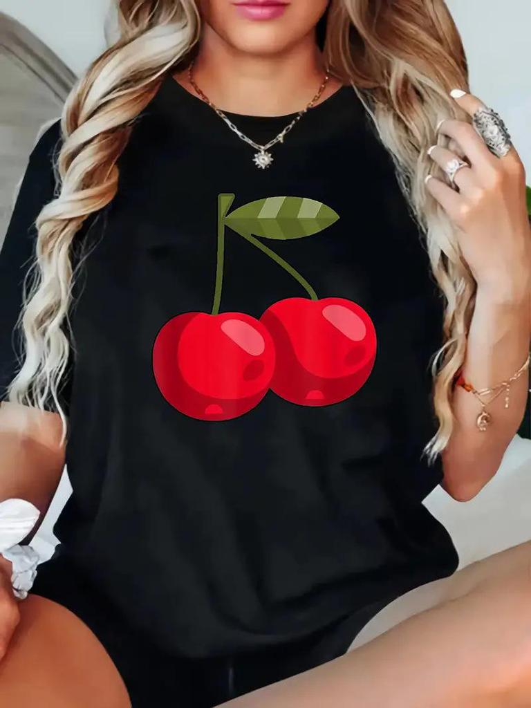 Women's Cherry Print Short-Sleeve Top with Free Shipping