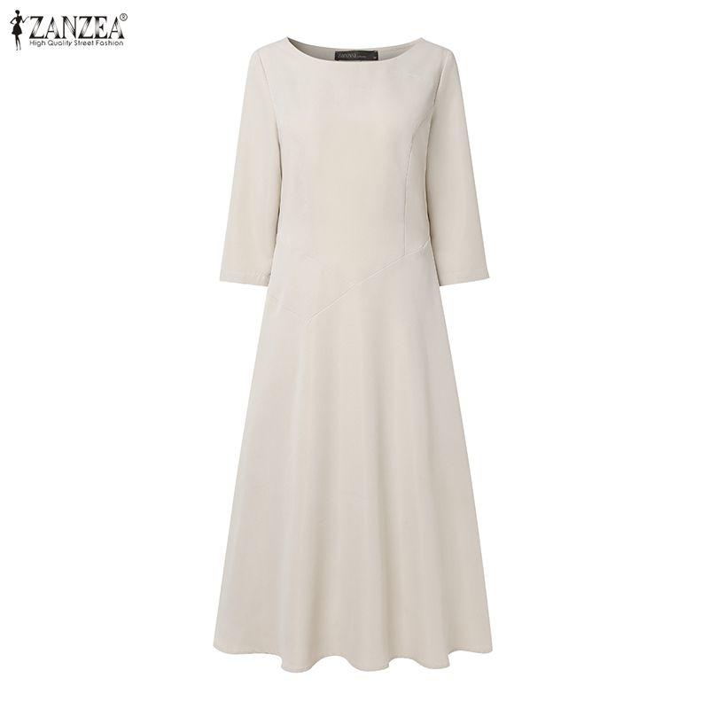 ZANZEA Abito casual da donna a maniche 3/4 e girocollo a tinta unita