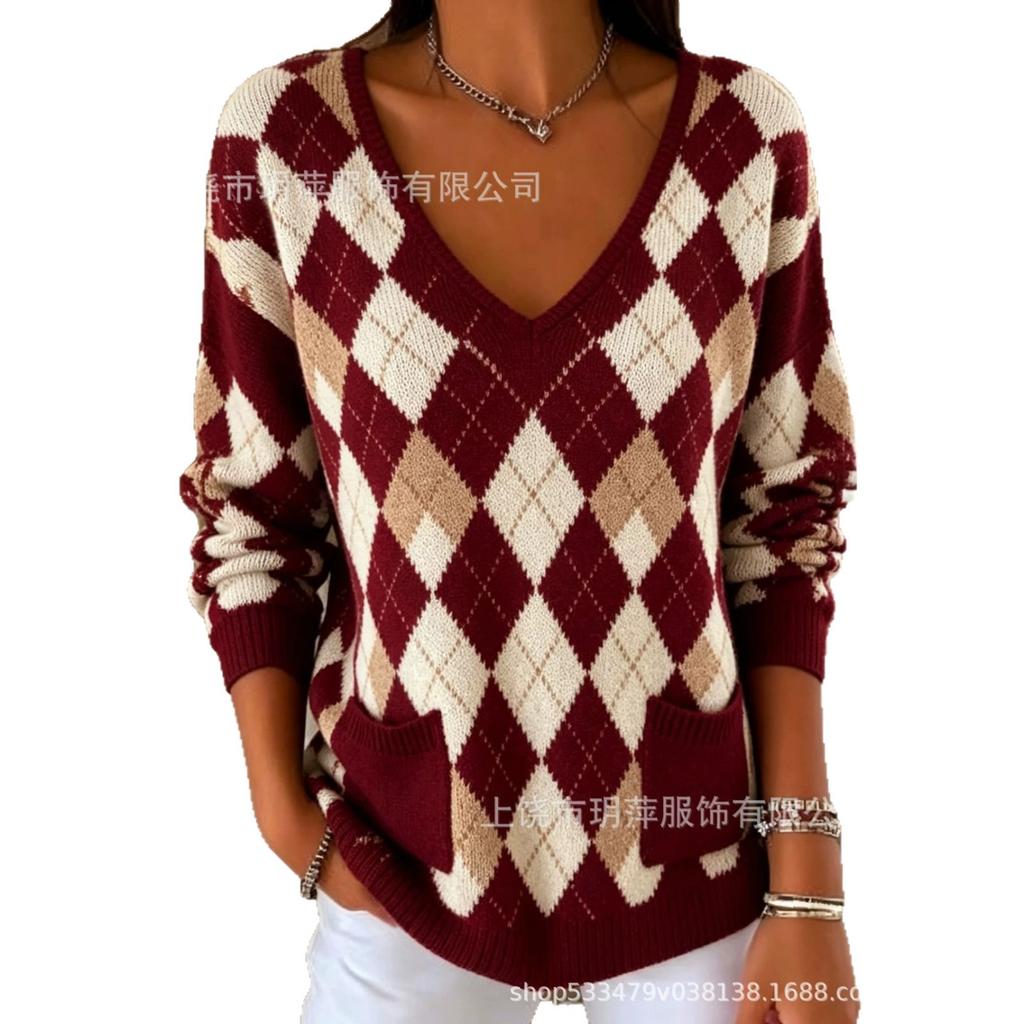 2026 Stylish European & American V-neck Knit Sweater with Digital Print - Casual & Versatile