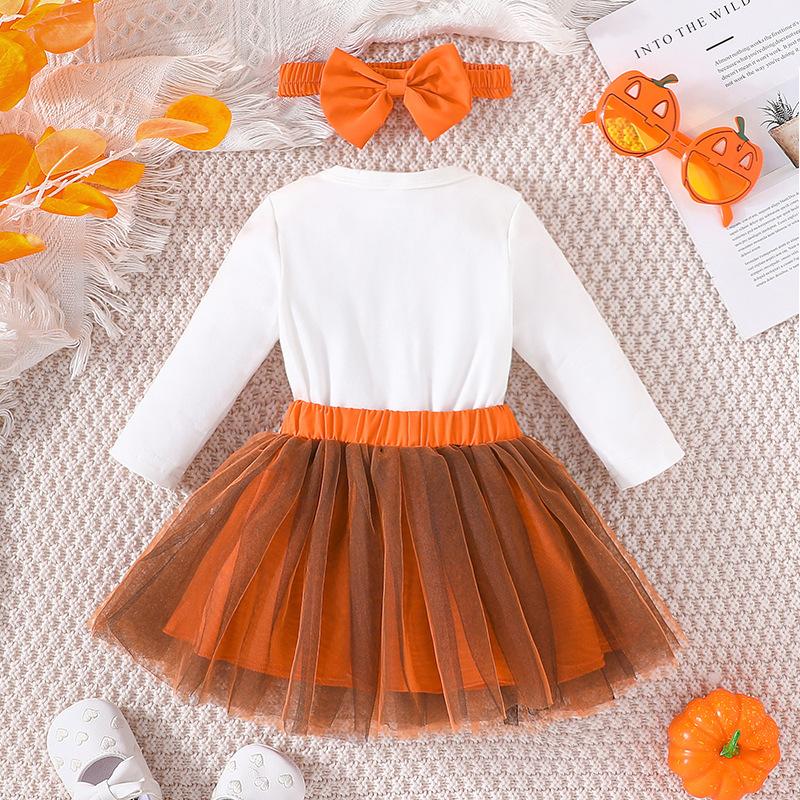 Halloween Pumpkin Jumpsuit + Bowknot Mesh girls Skirt + Headscarf Three-Piece Set children's clothing