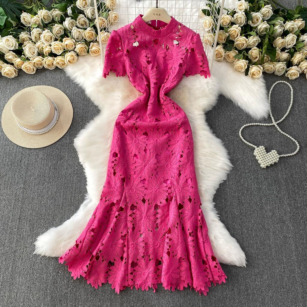 Summer Women Elegant Luxury Embroidery Flower Lace Slim Bodycon Long Maxi Party Fishtail Dresses for Girl Graduation