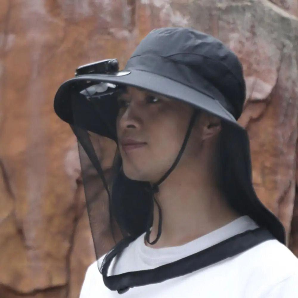 Foldable Solar Fan Hat With Net Mesh Fishing Bucket Hat Fashion Mosquito Head Net Hat  Fishing