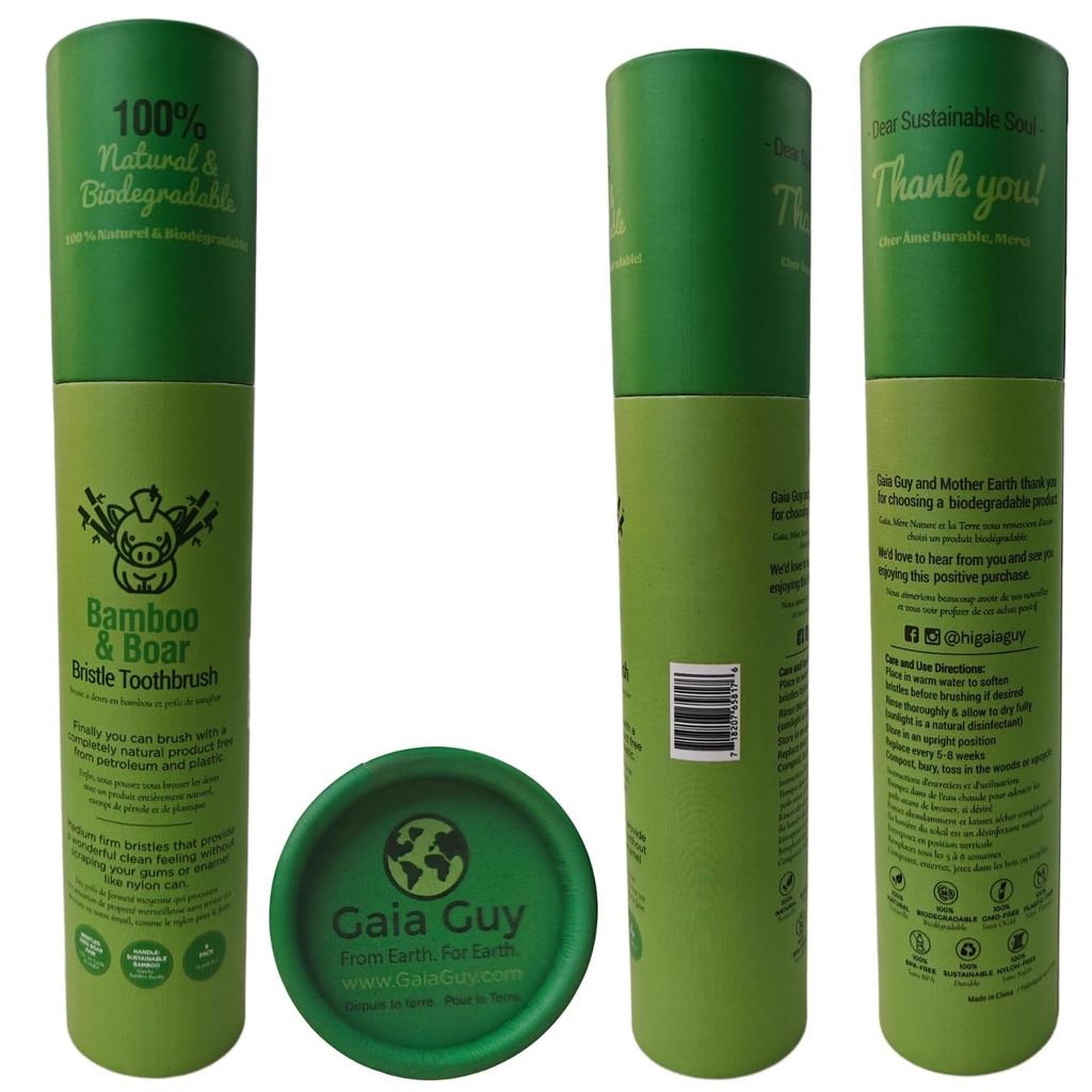 Natural bristle bamboo toothbrush (nylon-free) - 100% biodegradable, boar bristles, bamboo handle, zero waste - 6-pack