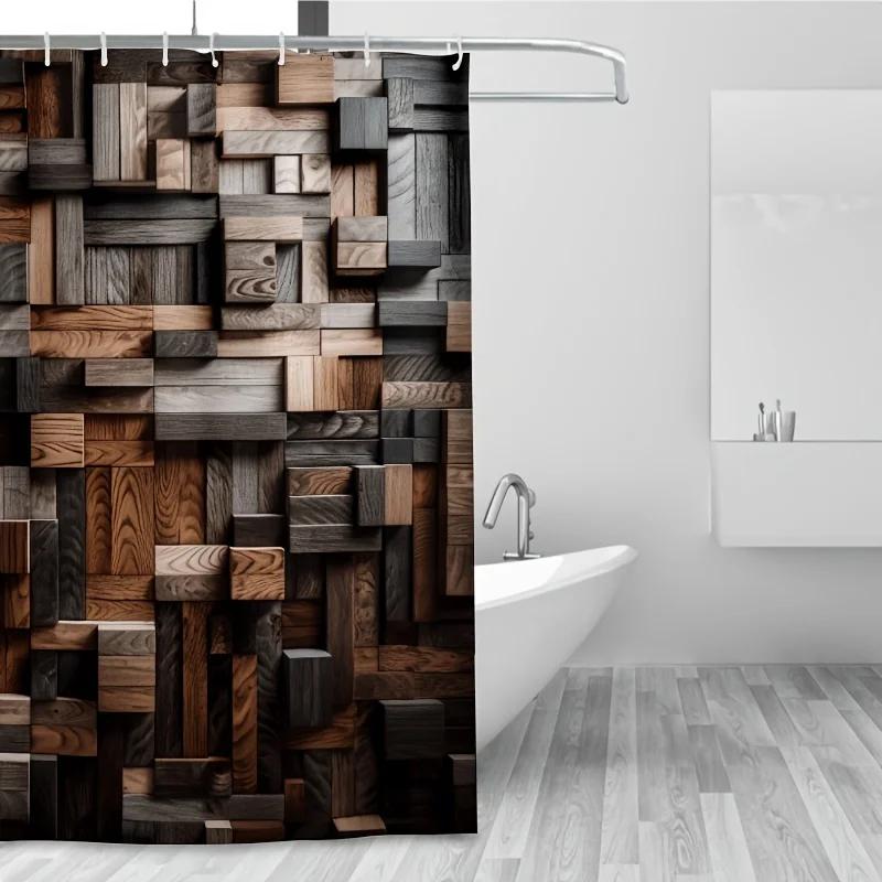 Duschvorhang mit Holzwand-Design - Strapazierfähiges Polyester, Leicht zu reinigen, Haken im Lieferumfang für Badezimmer- und Duschwannen-Dekoration