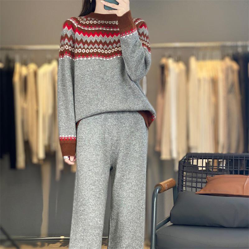 Wool Argyle Ethnic Style Retro Color Block Sweater & Long Pants Set for Women - Autumn/Winter Fashion