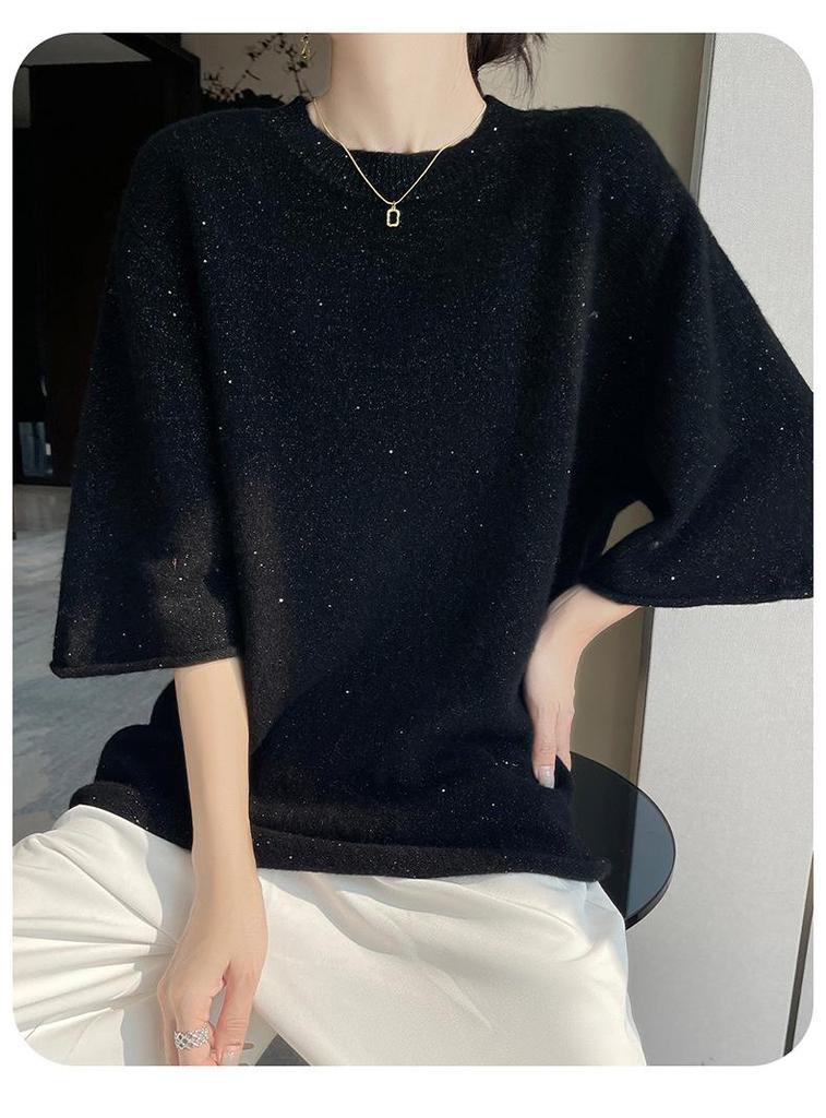Mid-Length Sequin Wool Knitwear: 5-Sleeve Round Neck, Loose Fit