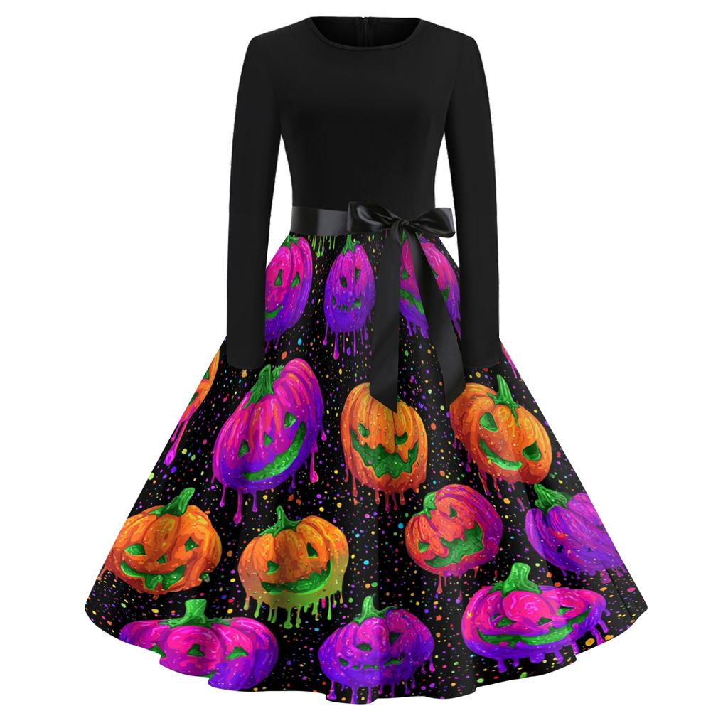 Women's Casual Vintage Halloween Dress Long Sleeve Round Neck Floral Print Retro Style A-Line Midi Dress with Waist Tie for Everyday Wear