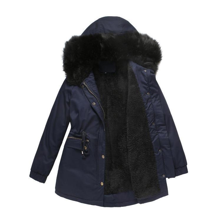 Warm Fluffy Winter Jacket Medium Long Hooded Collar Parker Coat Cotton Zipper Coat
