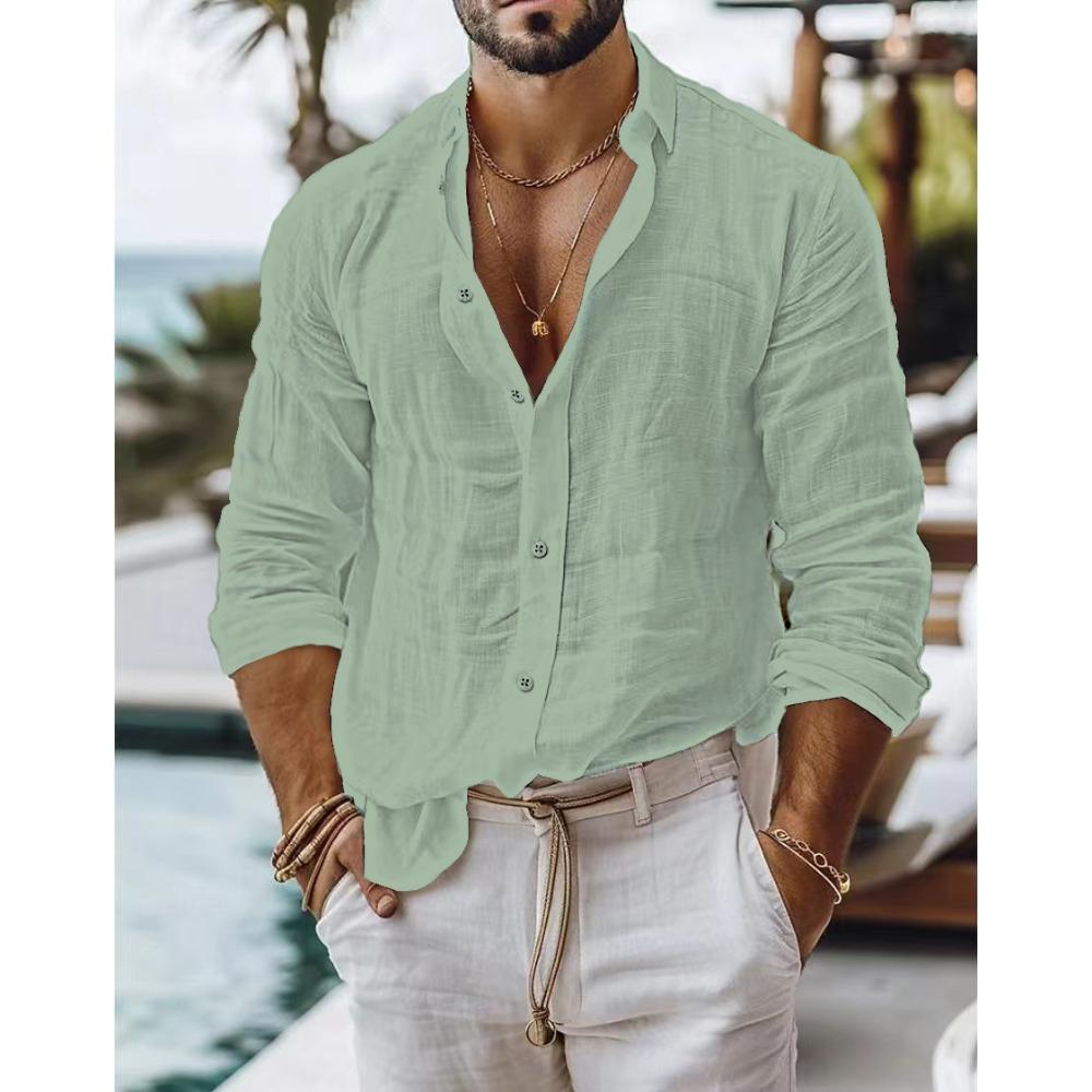 Men's Solid-Colour Cotton-Linen Blend Shirt Casual Style Long-Sleeved Business Casual Shirt