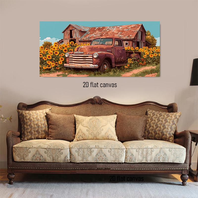 

1pcs Retro Rural Style Decorative Painting American Nostalgia Truck Sunflower Barn Canvas Painting Living Room Bedroom Wall Deco (as the picture,50x100cm No Frame)