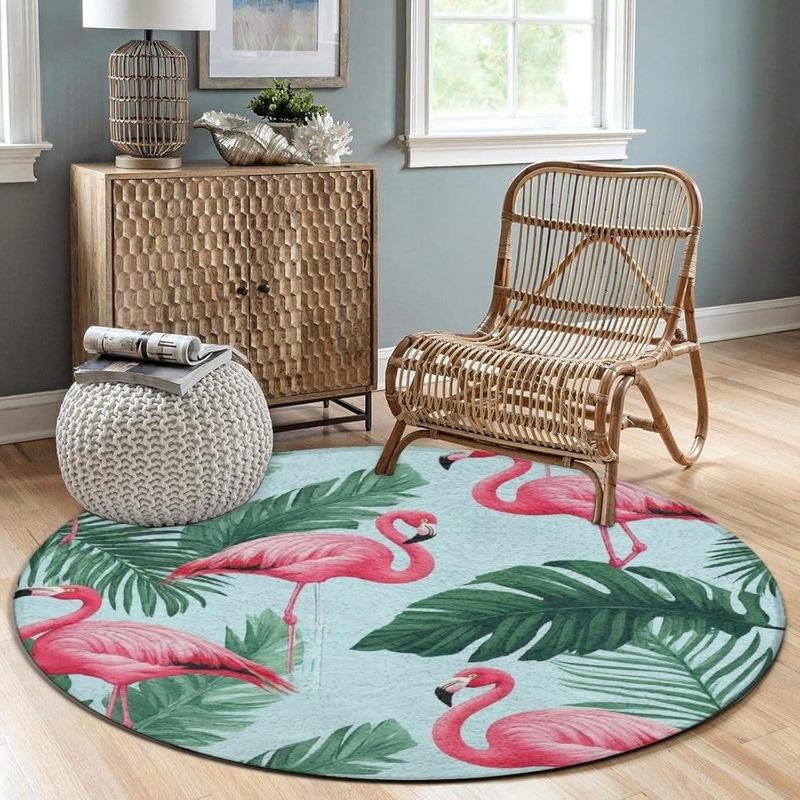 Animal Theme Round Rug Deer Shark Flamingo Print Carpet Absorbent Anti-Slip Home Decor Floormat for Living Room Bedroom Outdoor