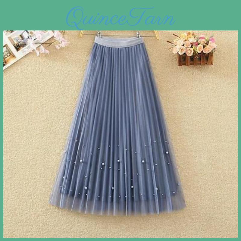 Tulle Elastic Vintage Women Skirt High Waist Pearl Mesh Pleated Skirts Summer A Line Skirt