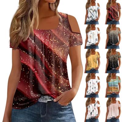Dames Casual Mode Strapless Top Geplooide Korte Mouw Print T-shirt