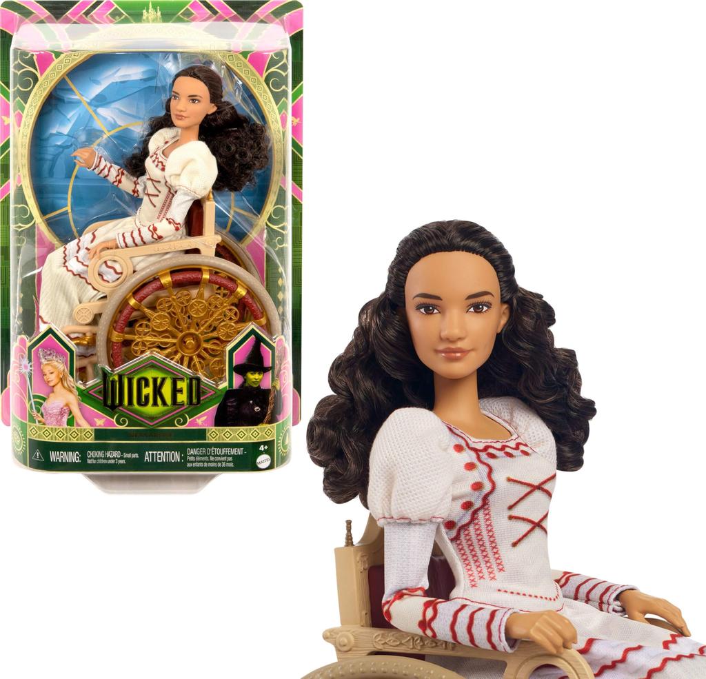 Mattel Accessoires de Poupée de Mode Universels Evil Nessarose avec Cheveux Bouclés Bruns Articulés Style Bal & Fauteuil Roulant, Cheveux, & Amovibles,