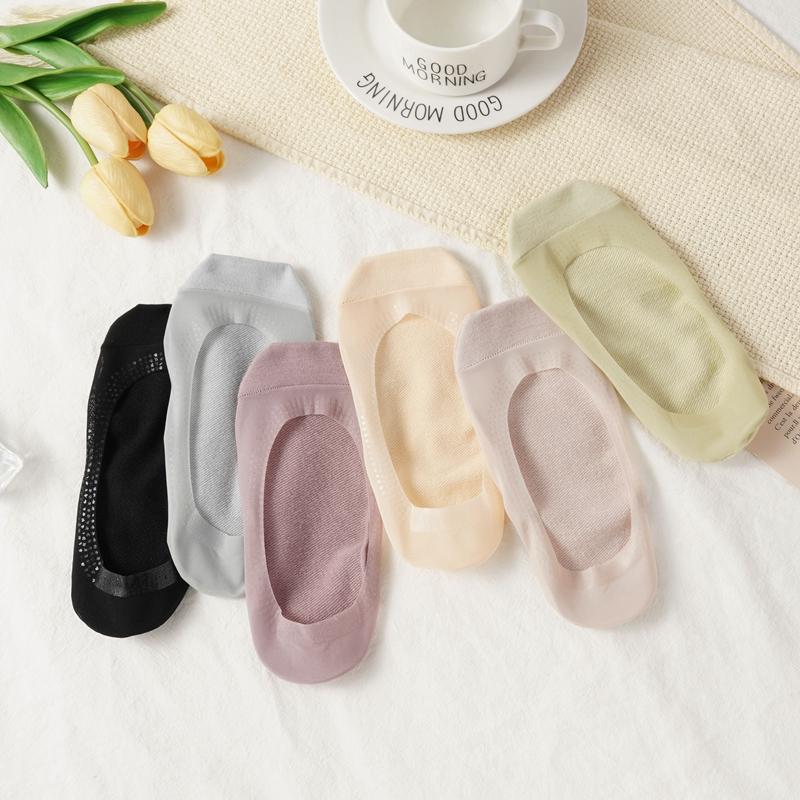 6 Paar Mesh Unsichtbare Socken für Damen Einfarbig Eis-Seide Silikon Anti-Rutsch Süße Bootssocken