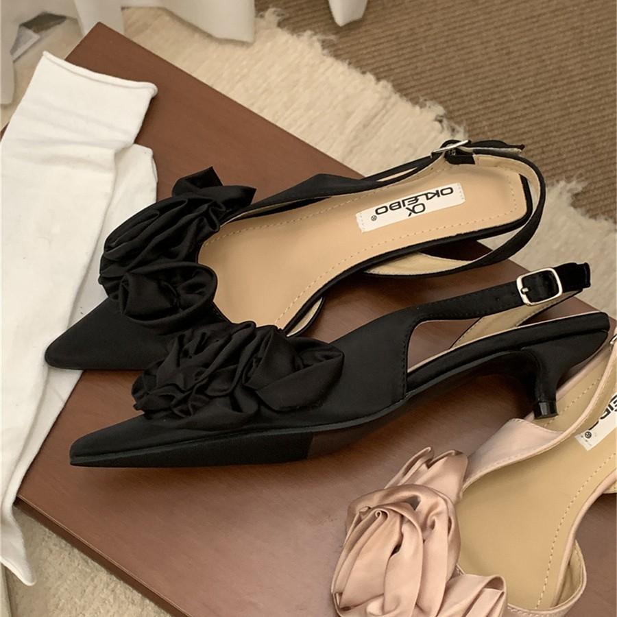 Pointed French Flower Black Baotou Sandals Fairy Shoes Evening Celebrity Single Shoes
