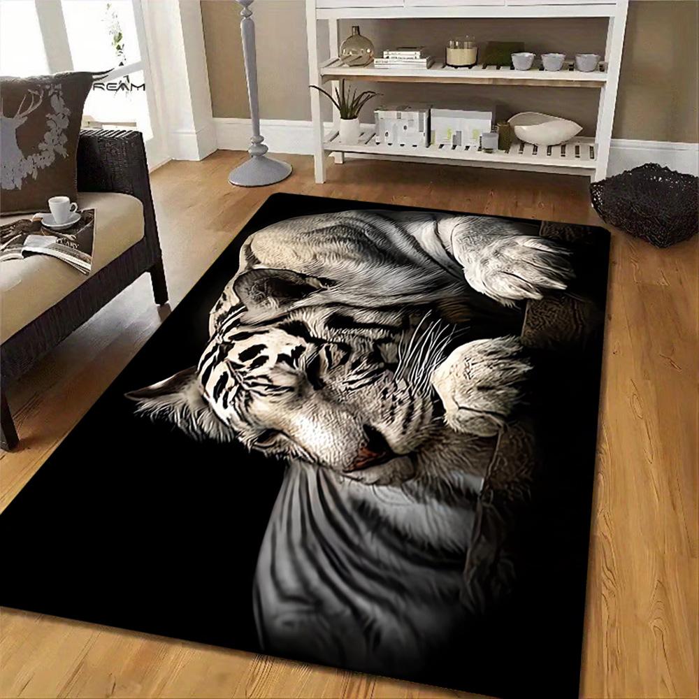 White Tiger Print Rug Decoration,Carpet,Living Room,Bedroom, Non-slip,Square rug