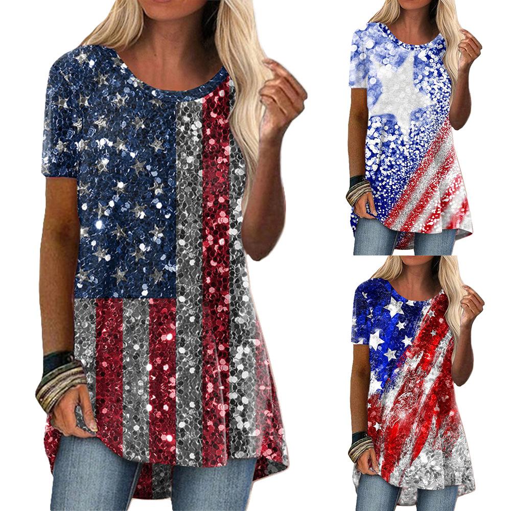 Women's Round Neck Short Sleeve Geometric Print Tunic Top Casual Asymmetrical Hem Blouse