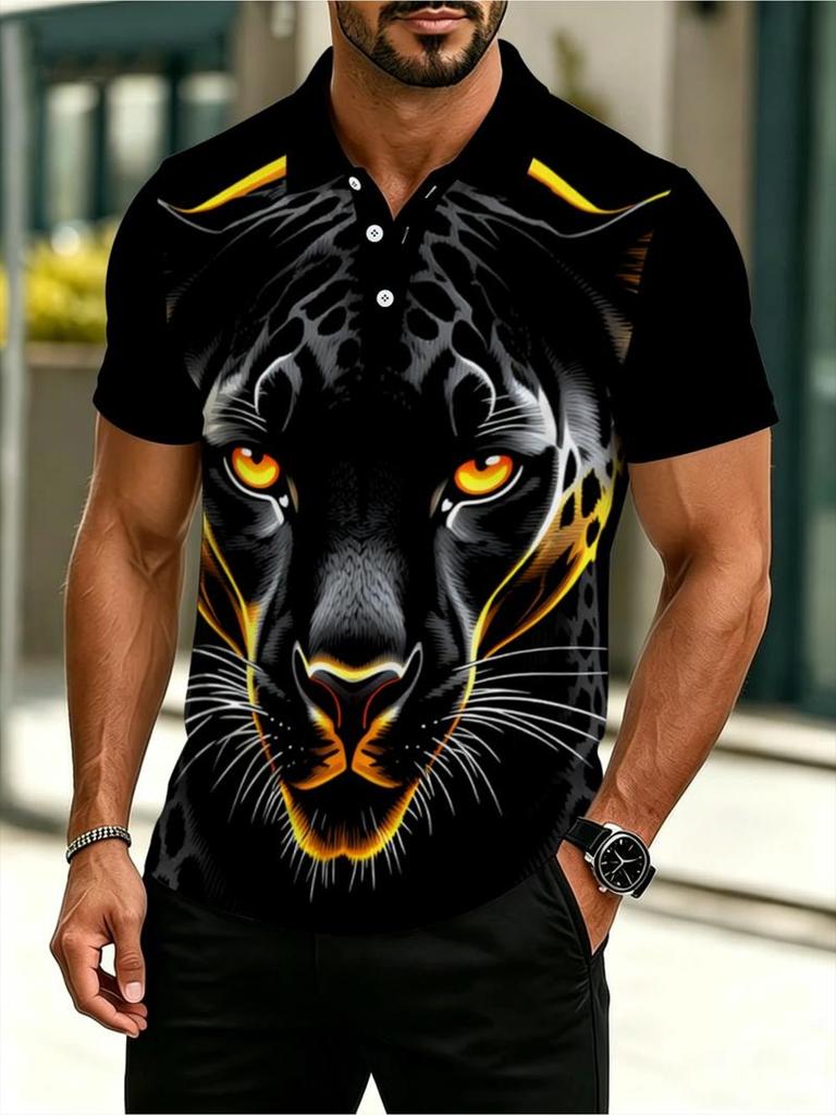 Men'S Outdoor Polo Shirt, Mixed Color, Multiple Specifications Available, 2D Printed Design (Not Textured) with Stylized Black Panther Graphic,