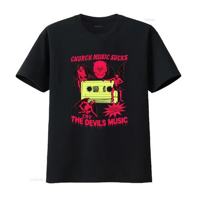 Church Music Sucks Try The Devil's Funny Horror Retro Heavy Metal Comfort Colors T Shirt Vintage Washed Homme Soft Graphic