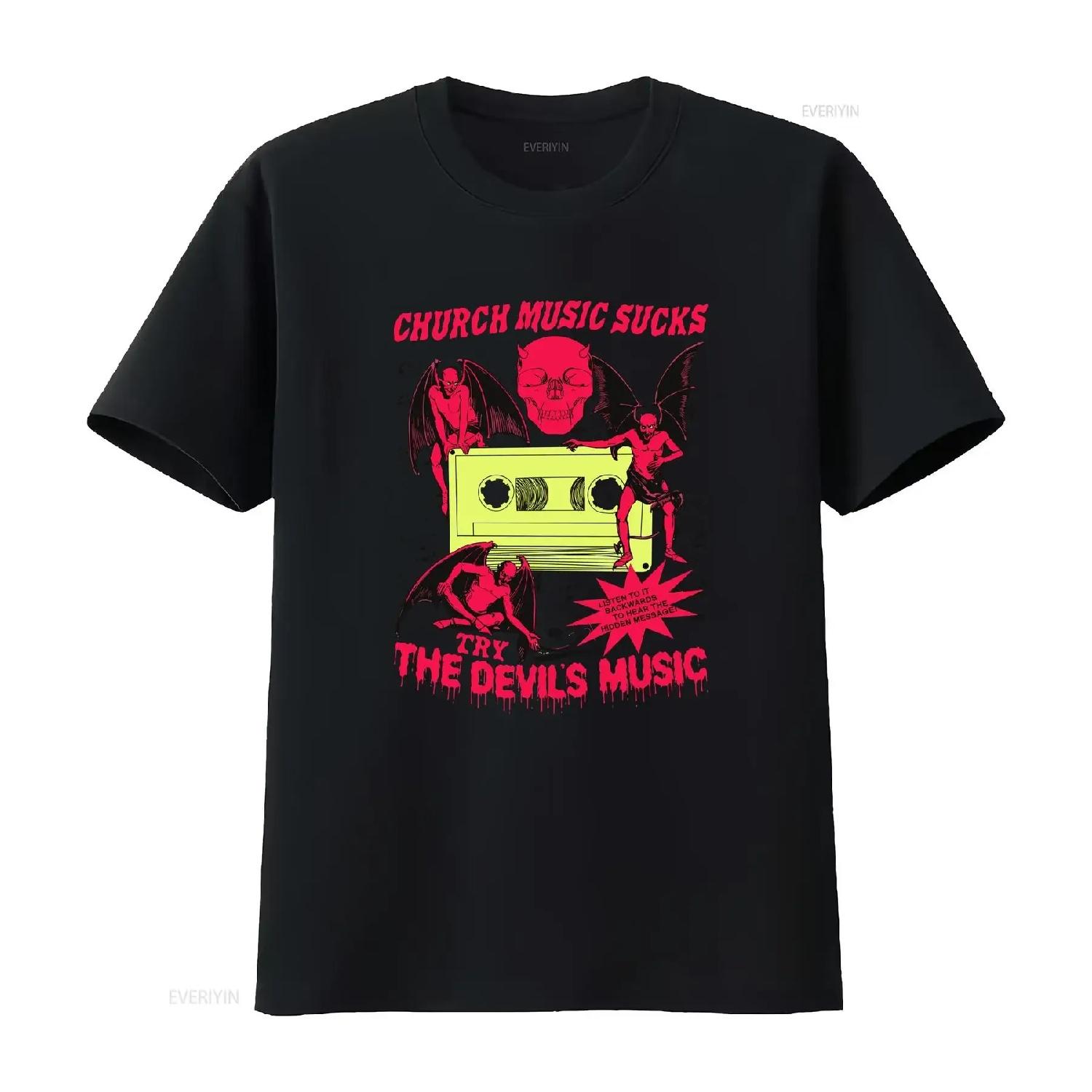 Church Music Sucks Try The Devil s Funny Horror Retro Heavy Metal Comfort Colors T Shirt vintage Washed homme Soft graphic S