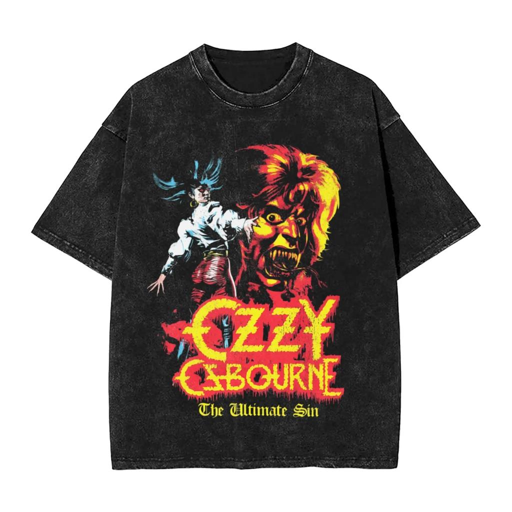 Oversized Acid-Wash Vintage Short-Sleeve T-Shirt Featuring Ozzy Osbourne Live Stage Retro Rock Graphic Print
