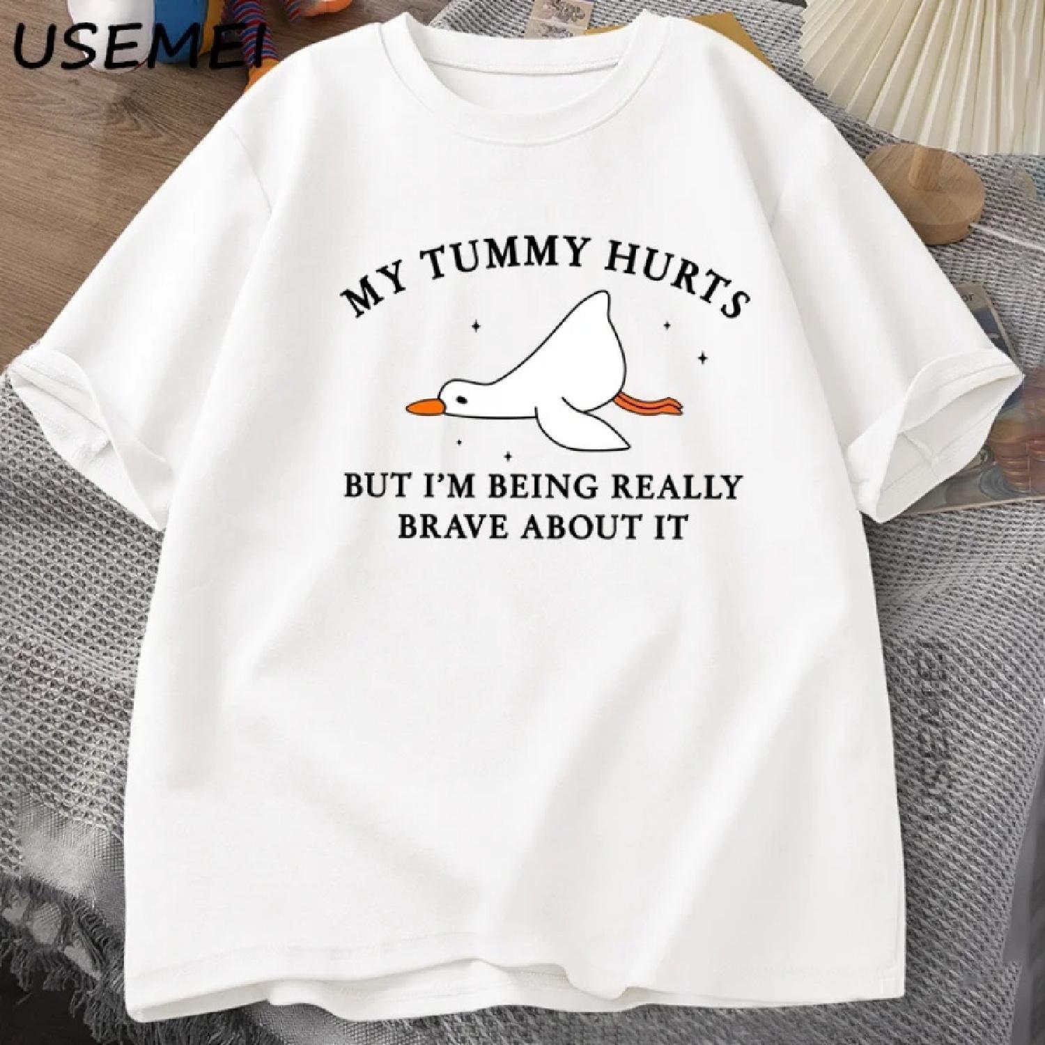 

Mens T-shirt Funny My Tummy Hurts But I m Being Really Brave Silly Goose T Shirt Cotton Funny Loose Oversized Short Sleeved Tee XXXXXL білий
