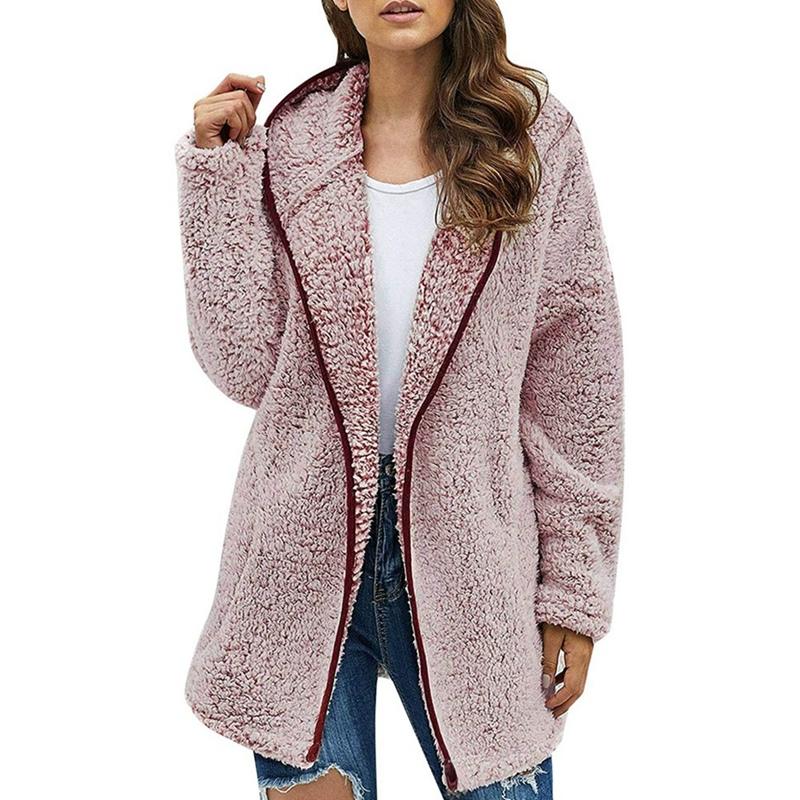 Women Autumn Winter Hooded Plush Jacket Long Sleeve Coat