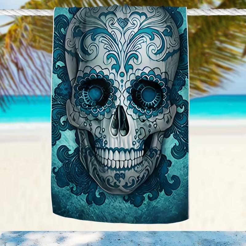Teal Sugar Skull Print Microfiber Beach Towel Day of the Dead Ornate Design Quick Dry Absorbent Towel