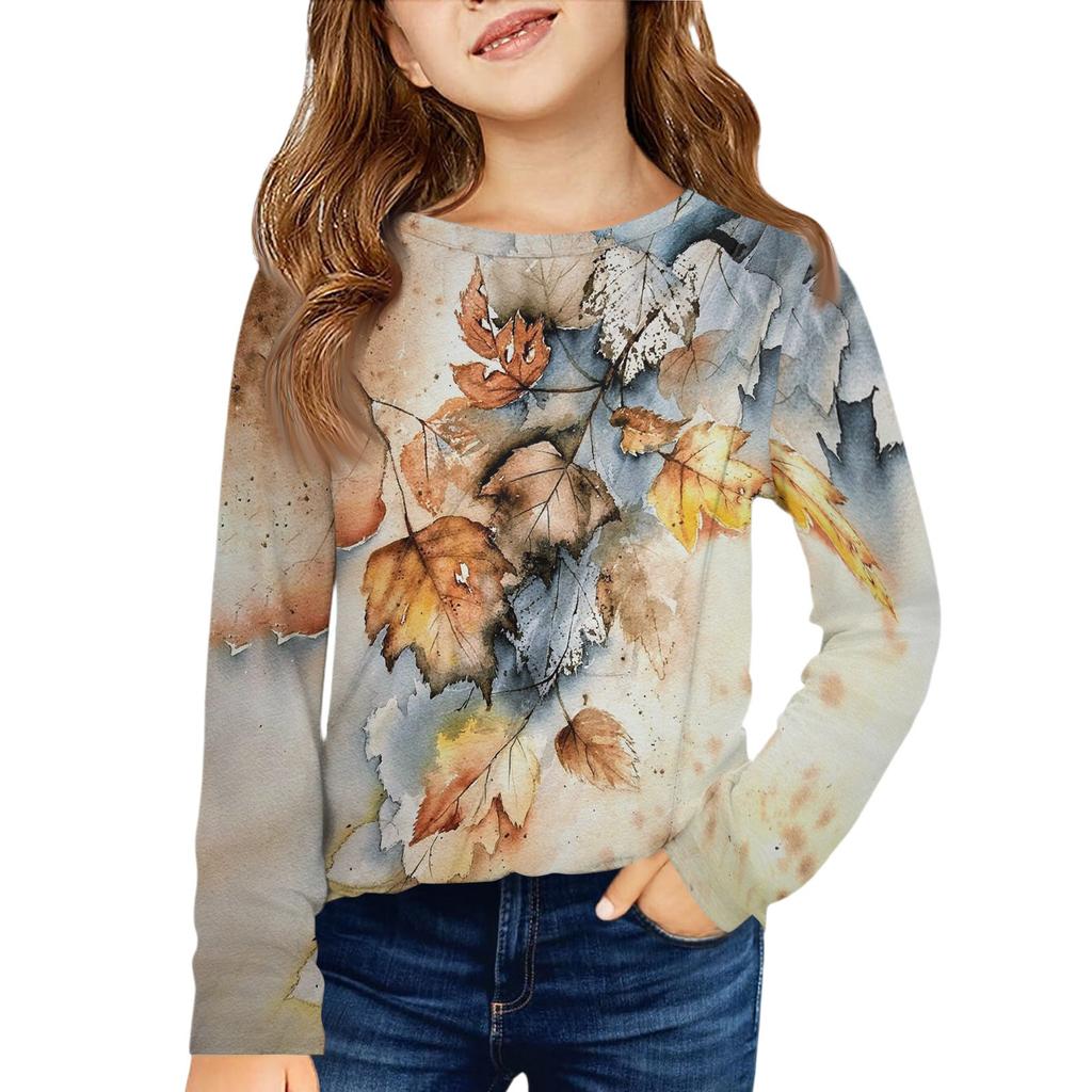 Girls' Long Sleeve Tee - Pleated Round Neck Casual Top