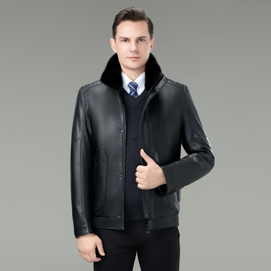 Luxury Men's Winter Leather Jacket with Down Liner - Middle-Aged Business Casual Warm Fur