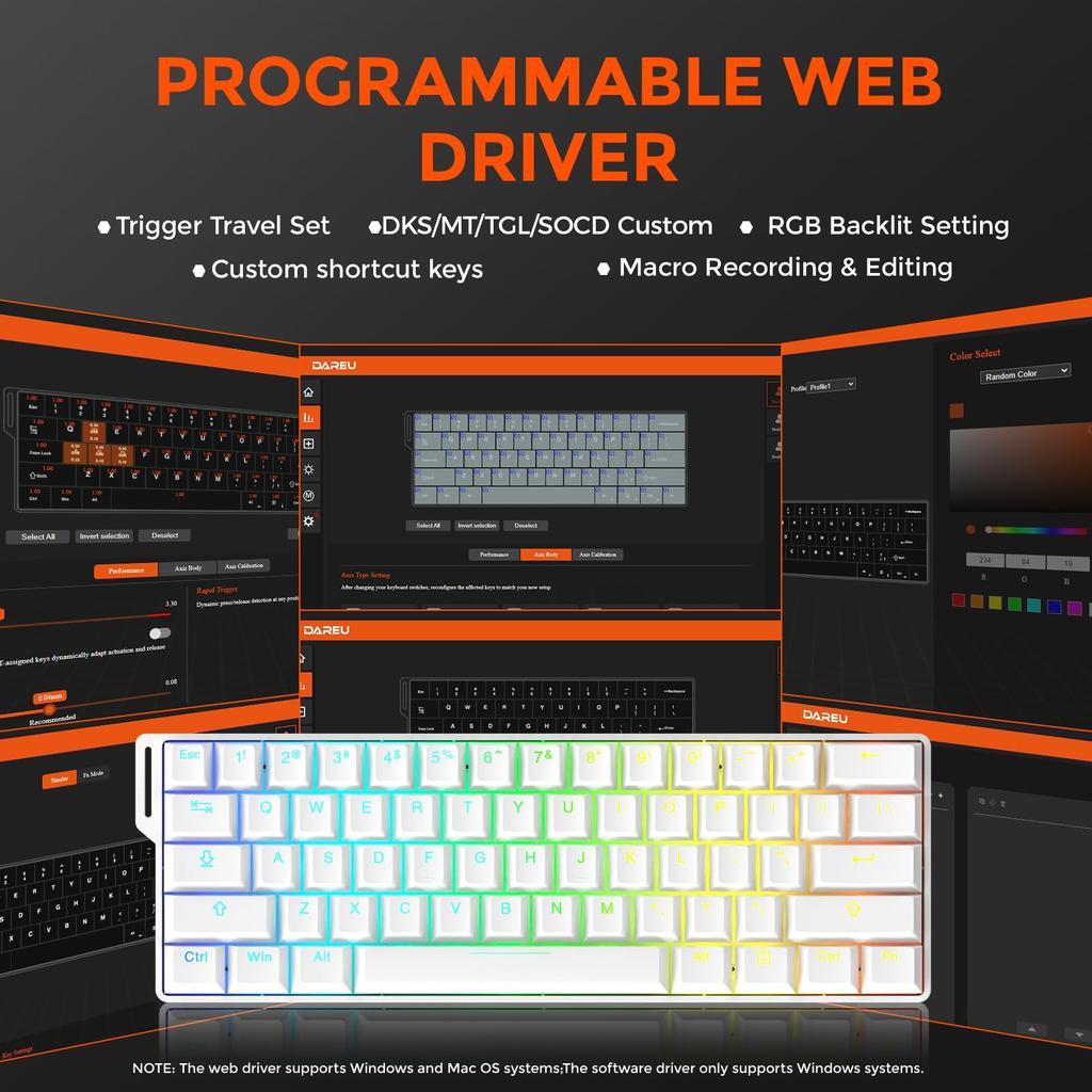 DAREU EK60HE Gaming Keyboard with Rapid 8000Hz Polling Magnetic SOCD English 0.01mm Trigger, Rate, Hot-Swap Switches, Compatible, Tenkeyless, 60%