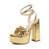 Plus Size Metallic Plaid Microfiber Material Ultra Thick Heel Peep Toe Sandals Ankle Cross Buckle Sexy Elegant High-Heeled Sanda