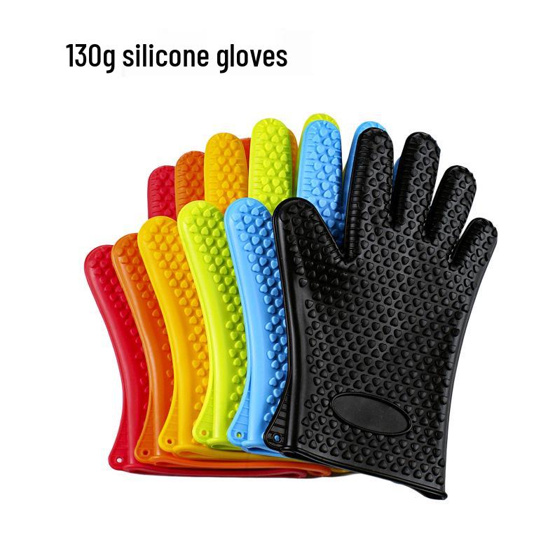 

Heat-Resistant Thickened Non-Slip Silicone Oven Gloves - 130g Five-Finger Baking Tools Black Silicone Glove 130g