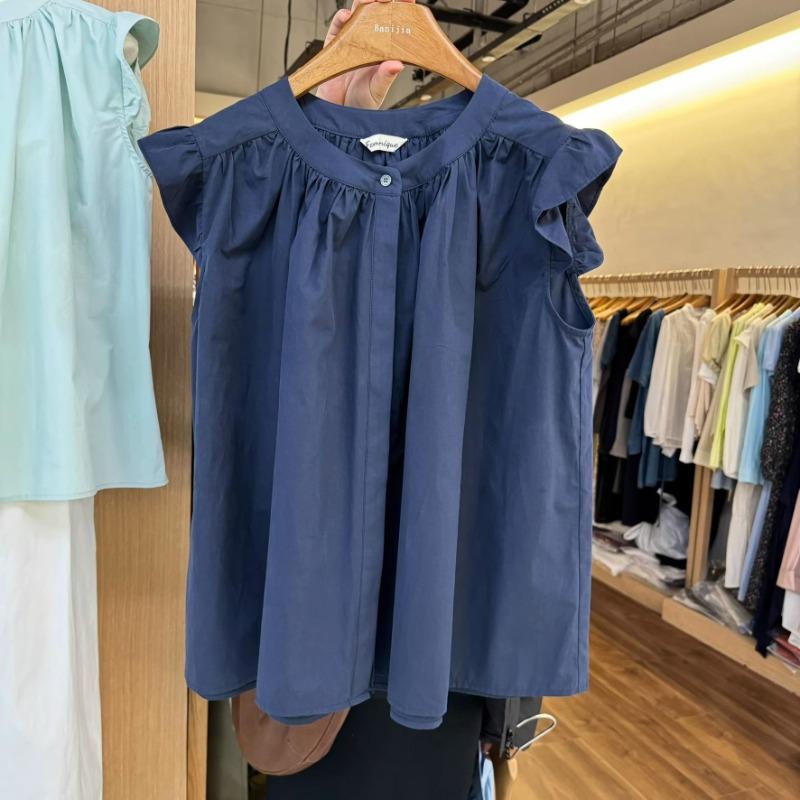 Vintage Solid Stylish Flying Sleeve Casual Shirts for Women Summer Loose Ruffled Women Blouses Pleated Fashion Elegant Shirt Female Clothing New 26285
