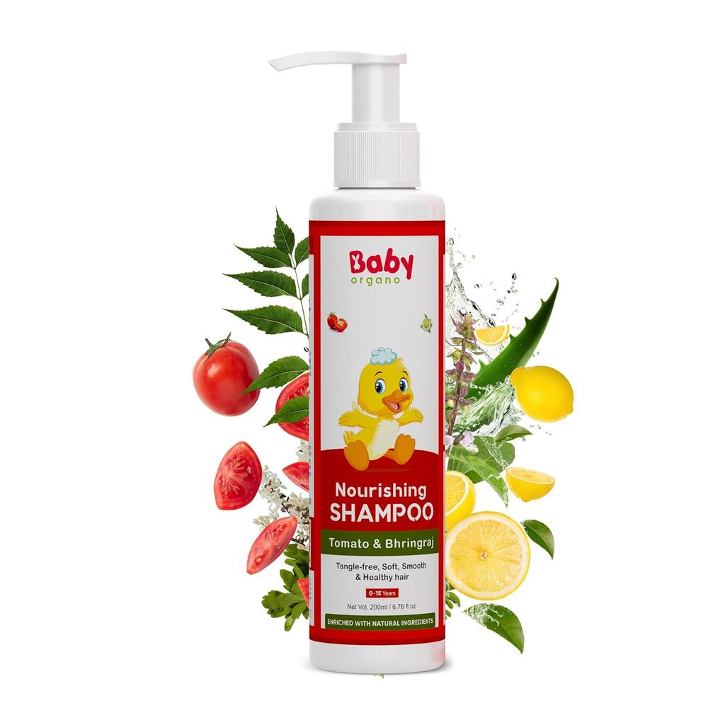 BabyOrgano® Ayurvedisches Bhringraj, Tomaten Tränenfreies Babyshampoo Für Neugeborene Und Kinder Fördert Gesundes Glänzendes 200Ml(0-15 Jahre)